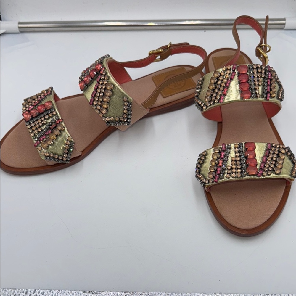 Tory Burch Gold Jeweled Strappy Sandals - Picture 6 of 16